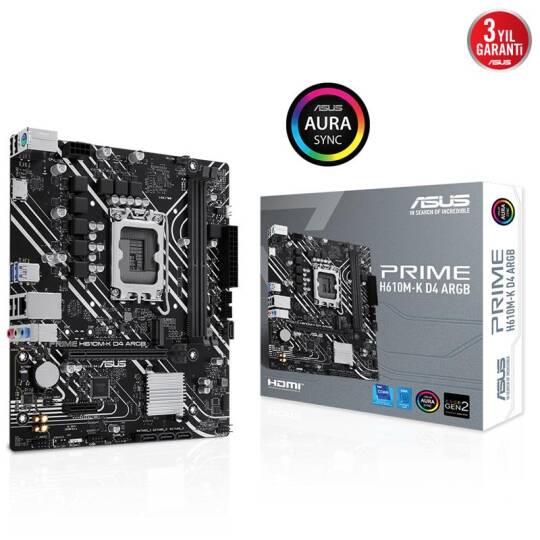 ASUS PRIME H610M-K D4 ARGB DDR4 3200MHZ 1XHDMI 1XM.2 USB 3.2 MATX 1700P (12.  13. VE 14. NESİL İŞLEMCİ UYUMLU)
