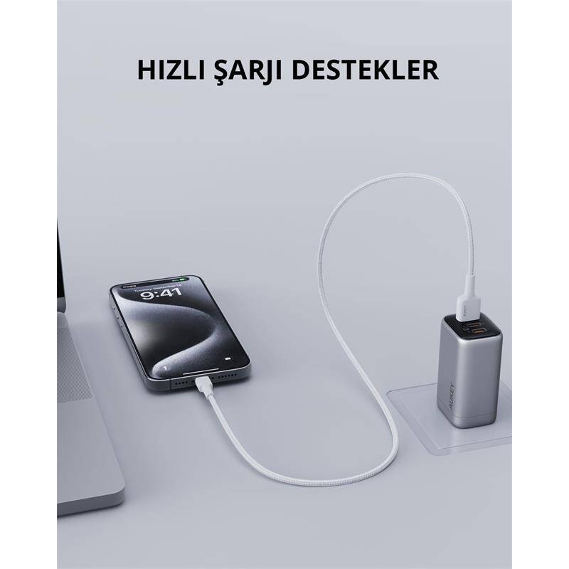 AUKEY CB-BAL7-WH NAYLON ÖRGÜLÜ USB-A LİGHTNİNG KABLOSU 0.9MT - 4