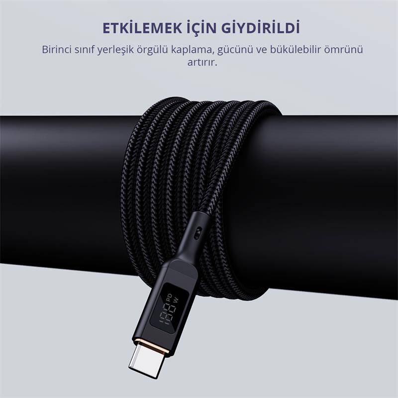 AUKEY CB-MCC102-BK 100W NAYLON ÖRGÜLÜ 5A 480MBPS TYPE-C TYPE-C LCD EKRANLI KABLO 1.8MT - 12