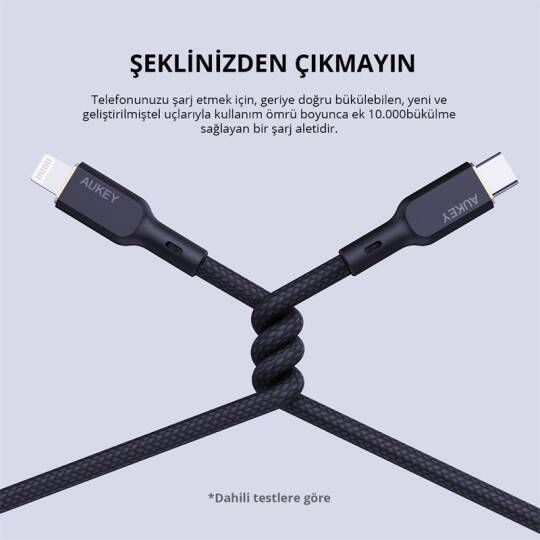 AUKEY CB-NCL1-BK NAYLON ÖRGÜLÜ 3A 480MBPS TYPE-C LIGHTNING KABLOSU 1.8MT - 7