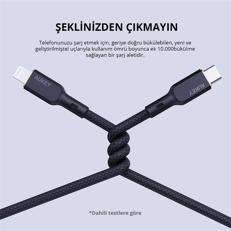 AUKEY CB-NCL1-BK NAYLON ÖRGÜLÜ 3A 480MBPS TYPE-C LIGHTNING KABLOSU 1.8MT - 7