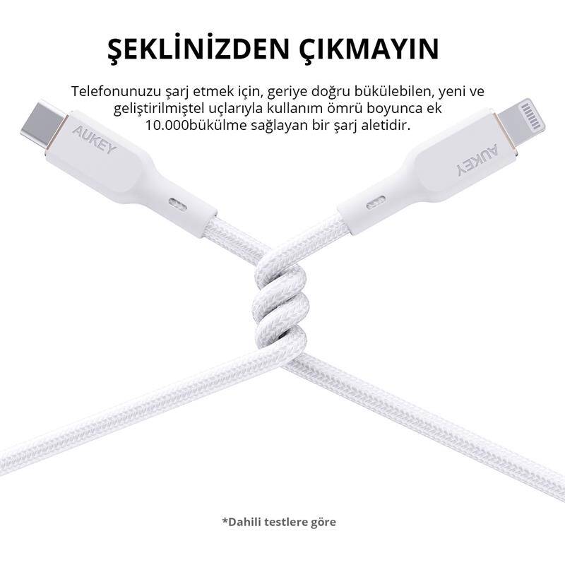 AUKEY CB-NCL1-WH NAYLON ÖRGÜLÜ 3A 480MBPS TYPE-C LIGHTNING KABLOSU 1.8MT - 11