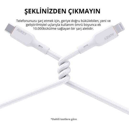 AUKEY CB-NCL1-WH NAYLON ÖRGÜLÜ 3A 480MBPS TYPE-C LIGHTNING KABLOSU 1.8MT - 6