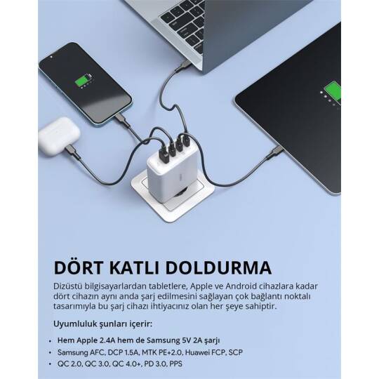 AUKEY PA-B7S-WH 100W DÖRT BAĞLANTI NOKTALI PD GAN DUVAR ŞARJ CİHAZI - 4