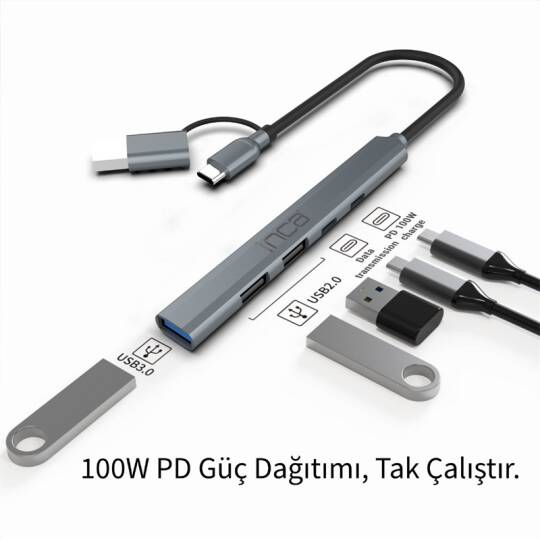 INCA IUTP-06T USB 3.0 TYPE-C 3.1 HUB 1 X USB 3.0 +2 X USB+TYPE-C+PD100W 2.0 ALUMINYUM KASA ÇOKLAYICI - 5