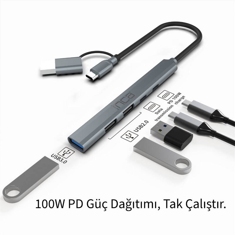 INCA IUTP-06T USB 3.0 TYPE-C 3.1 HUB 1 X USB 3.0 +2 X USB+TYPE-C+PD100W 2.0 ALUMINYUM KASA ÇOKLAYICI - 3