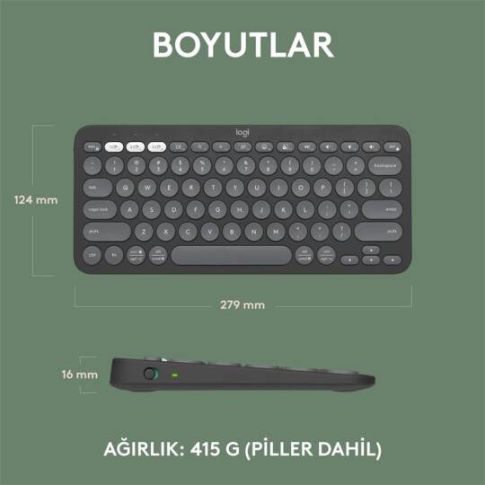 LOGITECH K380S PEBBLE KEYS 2 ÇOKLU CİHAZ ÖZELLİKLİ BLUETOOTH TÜRKÇE Q KLAVYE GRİ 920-011859 - 12