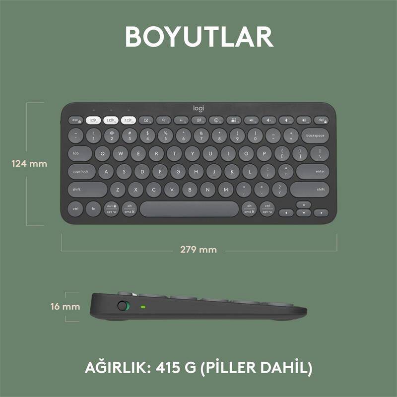 LOGITECH K380S PEBBLE KEYS 2 ÇOKLU CİHAZ ÖZELLİKLİ BLUETOOTH TÜRKÇE Q KLAVYE GRİ 920-011859 - 12