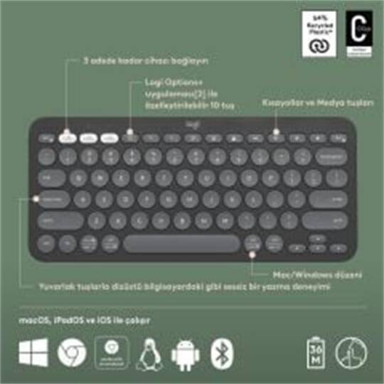 LOGITECH K380S PEBBLE KEYS 2 ÇOKLU CİHAZ ÖZELLİKLİ BLUETOOTH TÜRKÇE Q KLAVYE GRİ 920-011859 - 3