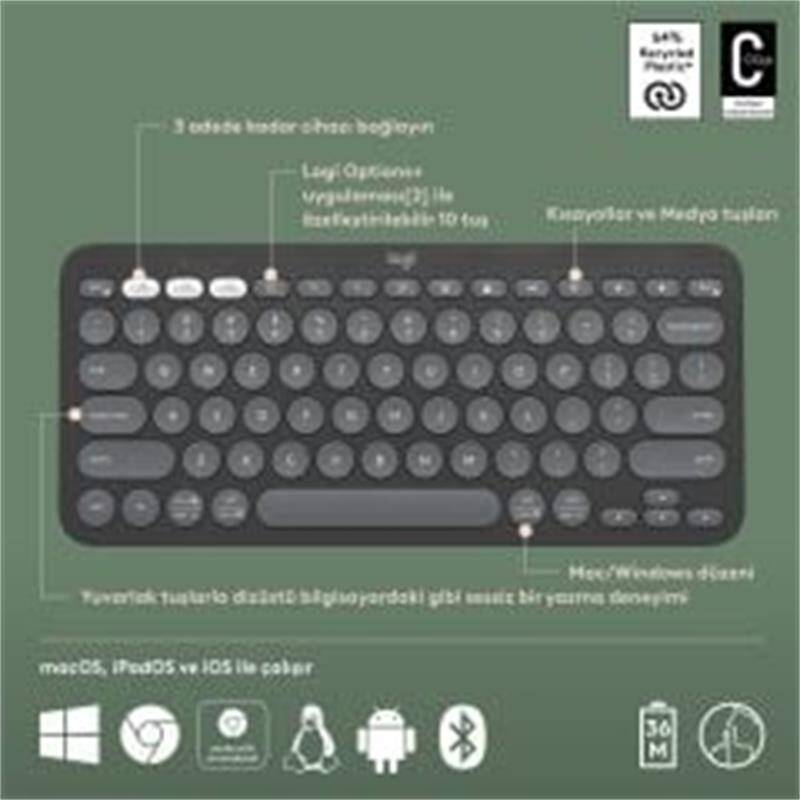 LOGITECH K380S PEBBLE KEYS 2 ÇOKLU CİHAZ ÖZELLİKLİ BLUETOOTH TÜRKÇE Q KLAVYE GRİ 920-011859 - 3