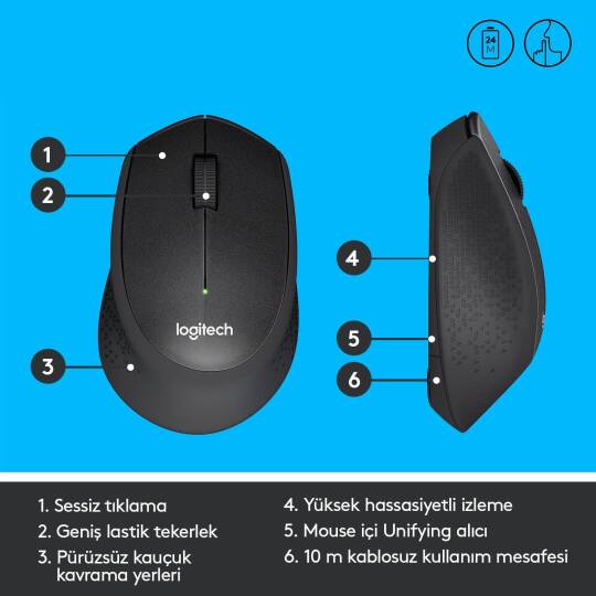 LOGITECH M330 KABLOSUZ SESSİZ USB OPTİK MOUSE SİYAH 910-004909 - 10