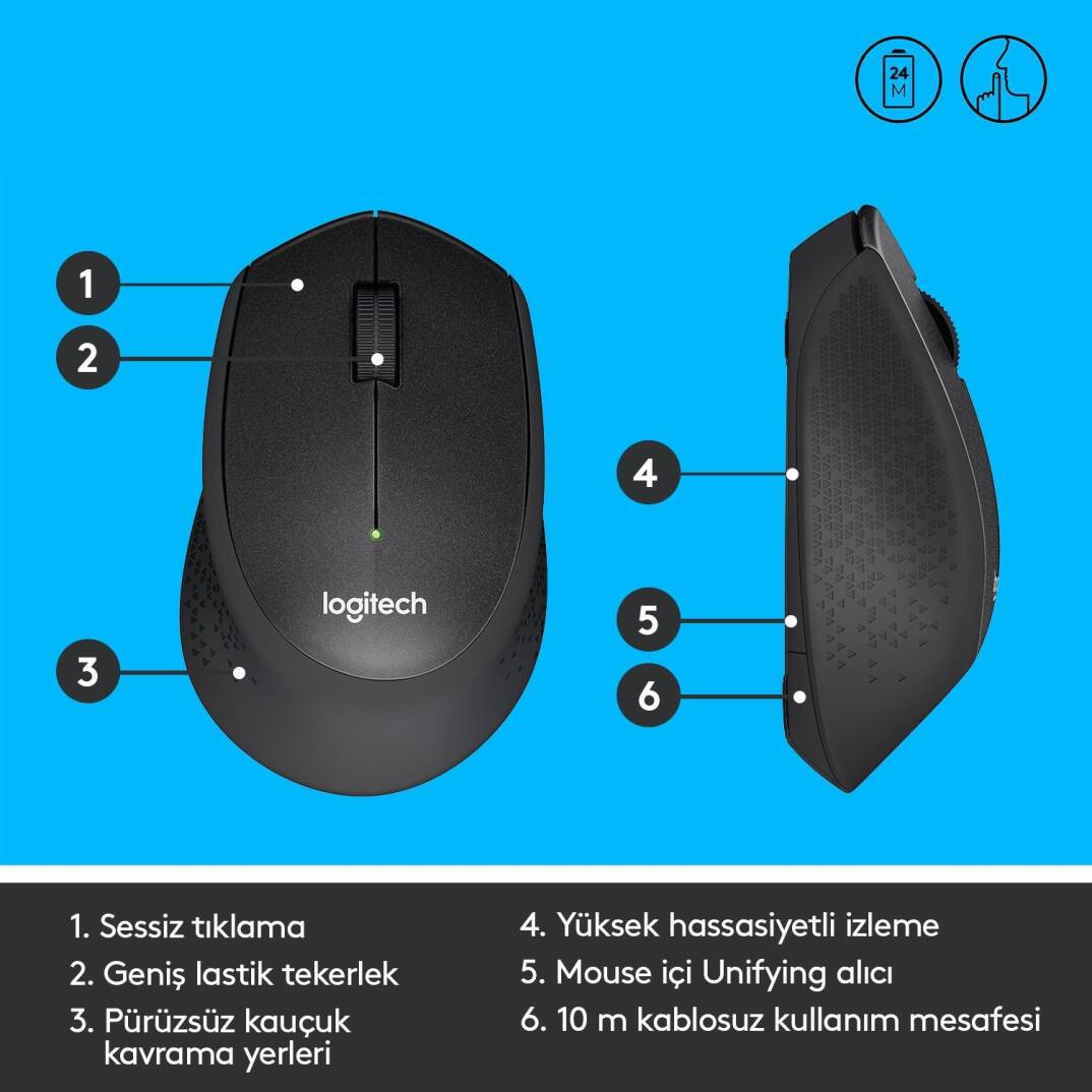 LOGITECH M330 KABLOSUZ SESSİZ USB OPTİK MOUSE SİYAH 910-004909 - 4