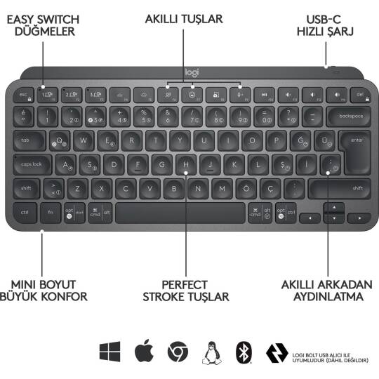 LOGITECH MX KEYS MINI MINIMALIST KABLOSUZ BLUETOOTH AYDINLATMALI Q TR KLAVYE SİYAH 920-010504 - 12