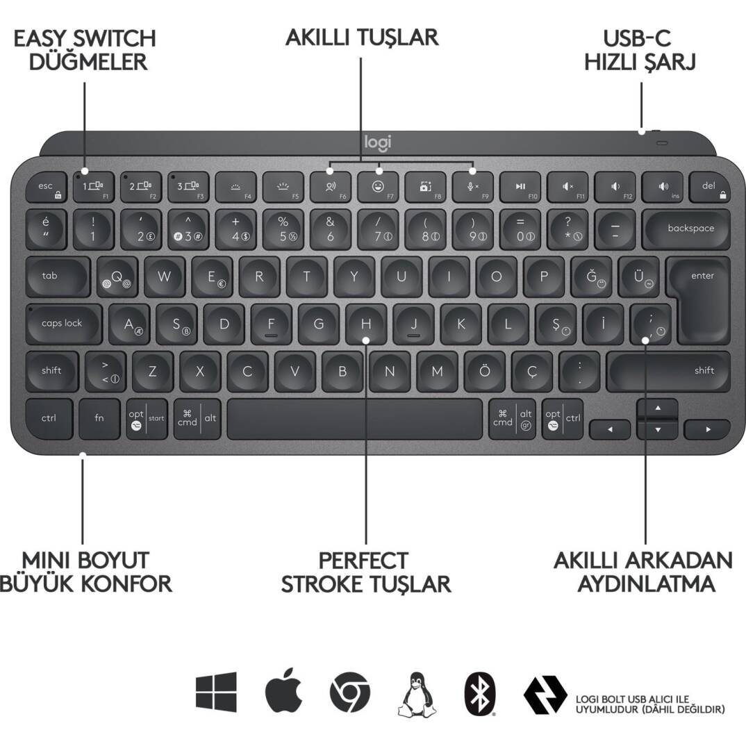 LOGITECH MX KEYS MINI MINIMALIST KABLOSUZ BLUETOOTH AYDINLATMALI Q TR KLAVYE SİYAH 920-010504 - 7