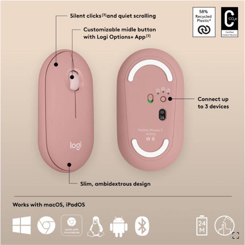 LOGITECH PEBBLE 2 M350S KABLOSUZ BLUETOOTH SESSİZ OPTİK MOUSE PEMBE 910-007014 - 2